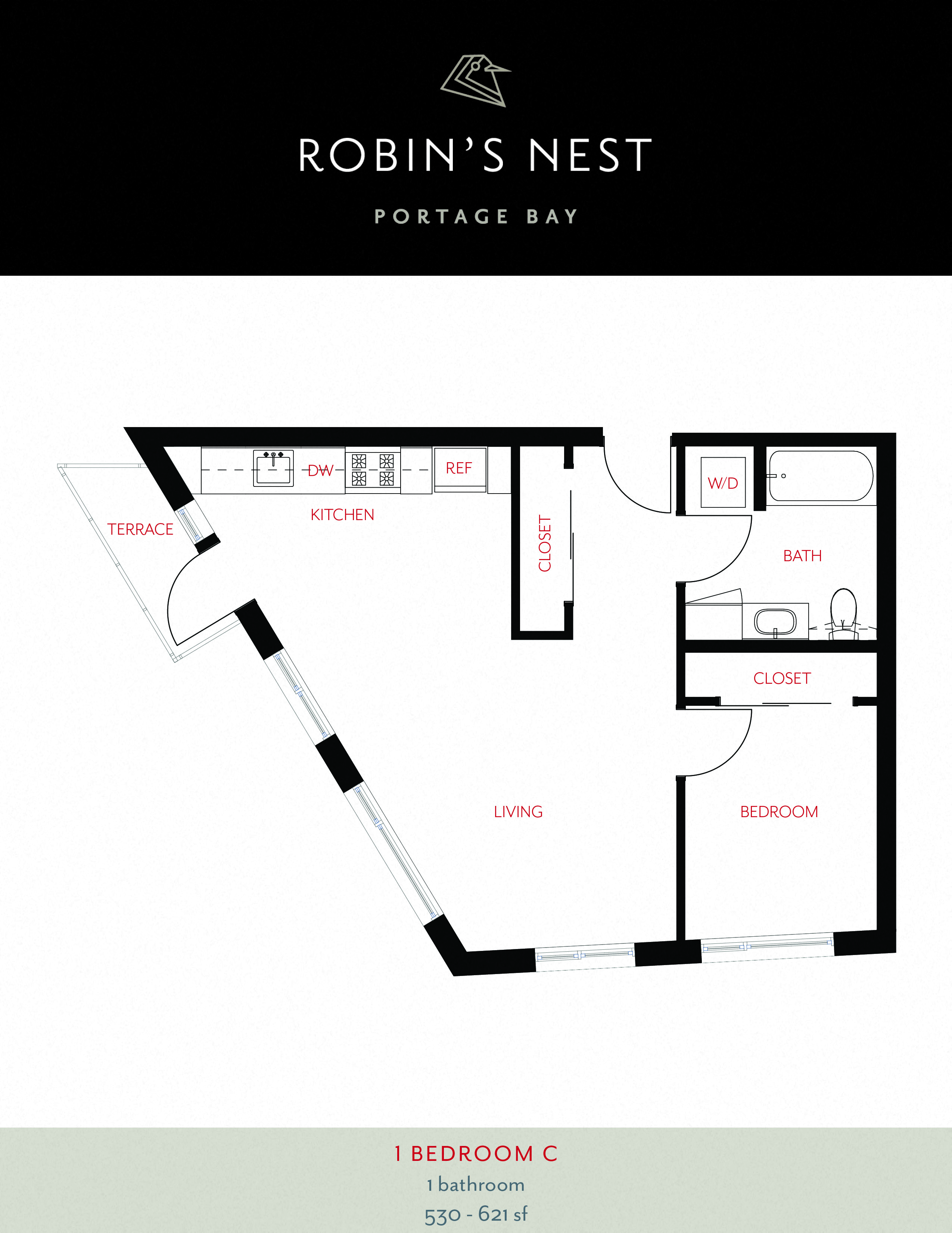 Floor plan for 1 bed, 1 bath, 621 sqft